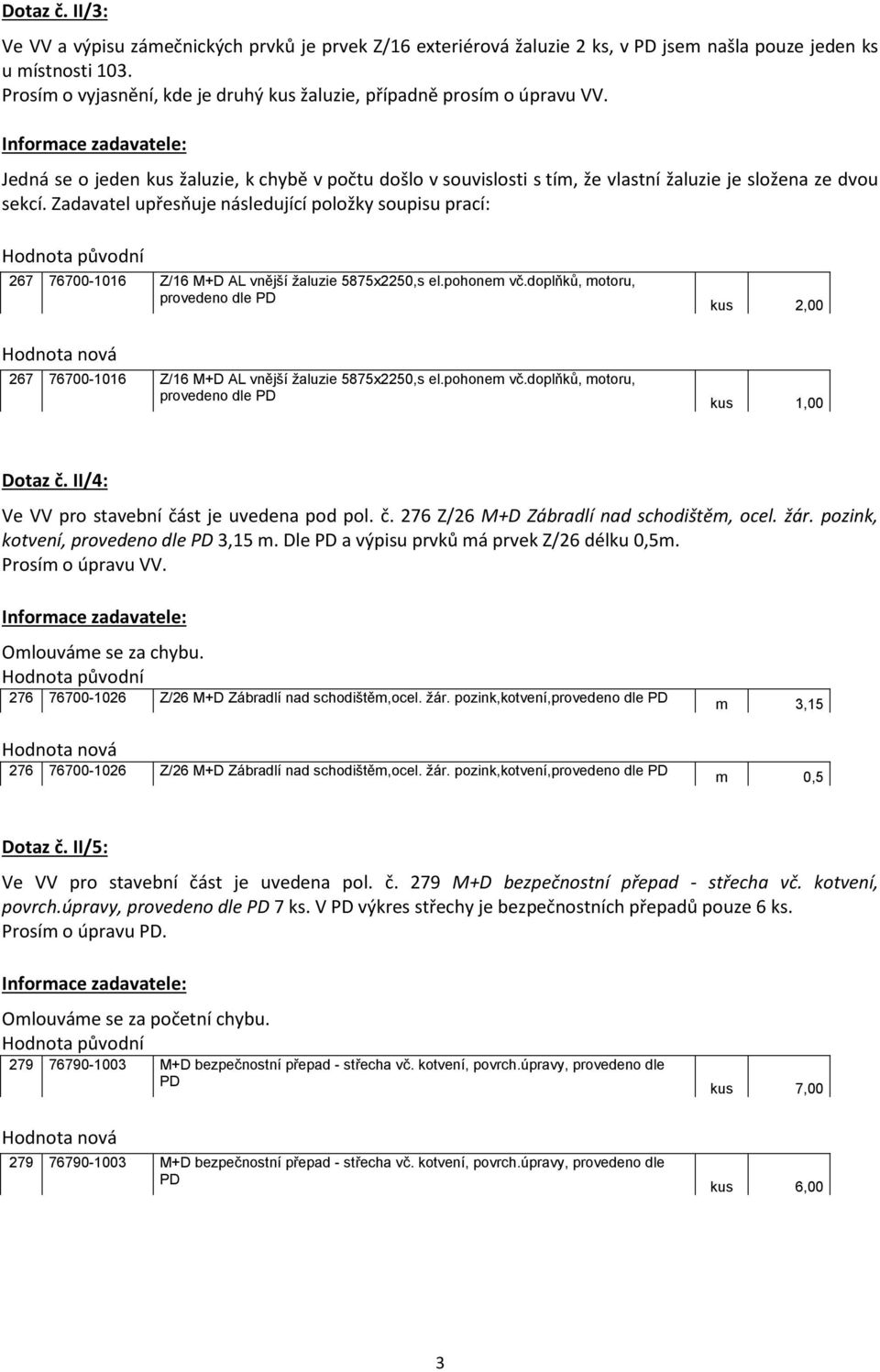 Zadavatel upřesňuje následující položky soupisu prací: Hodnota původní 267 76700-1016 Z/16 M+D AL vnější žaluzie 5875x2250,s el.pohonem vč.