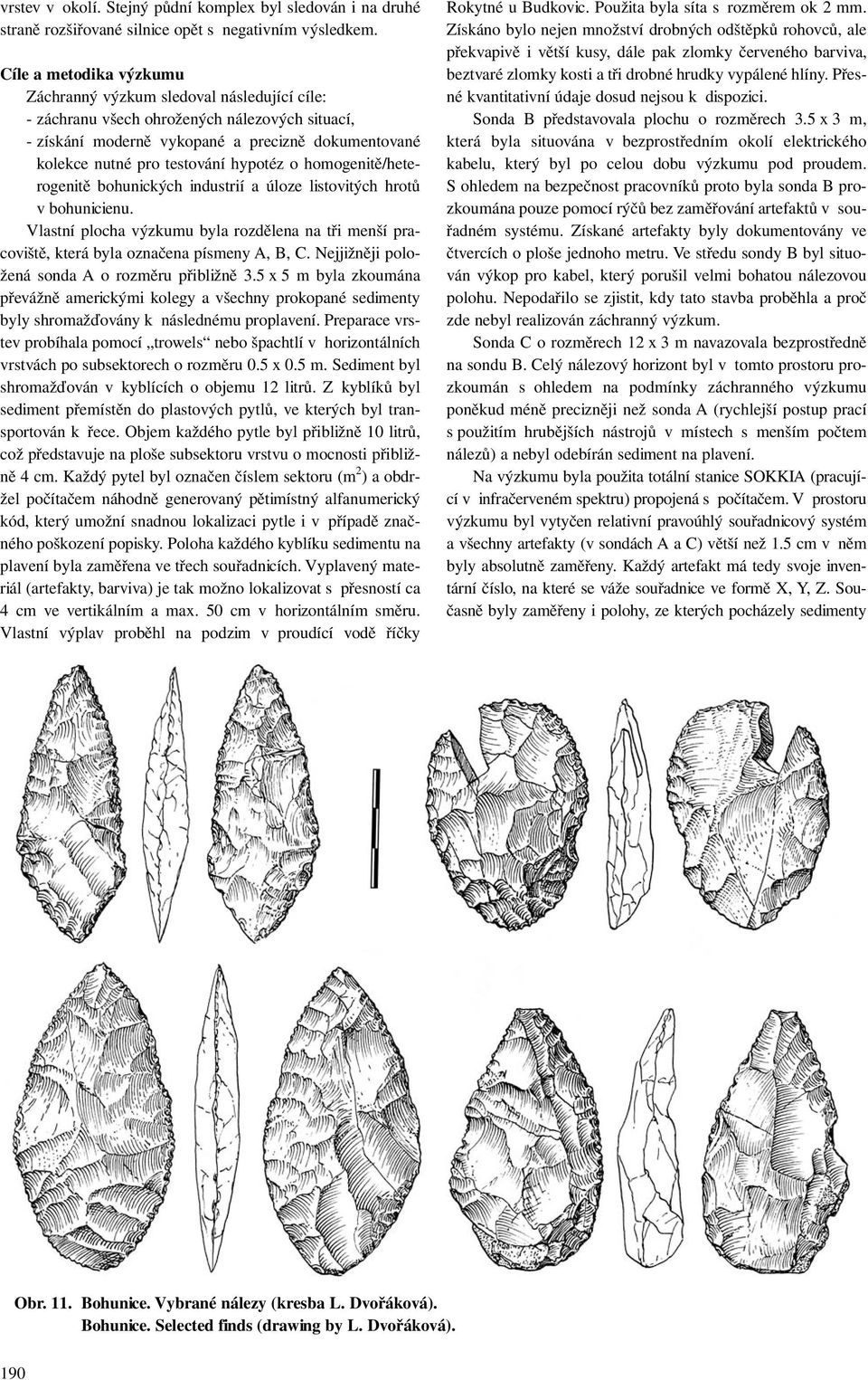 hypotéz o homogenitě/heterogenitě bohunických industrií a úloze listovitých hrotů v bohunicienu. Vlastní plocha výzkumu byla rozdělena na tři menší pracoviště, která byla označena písmeny A, B, C.