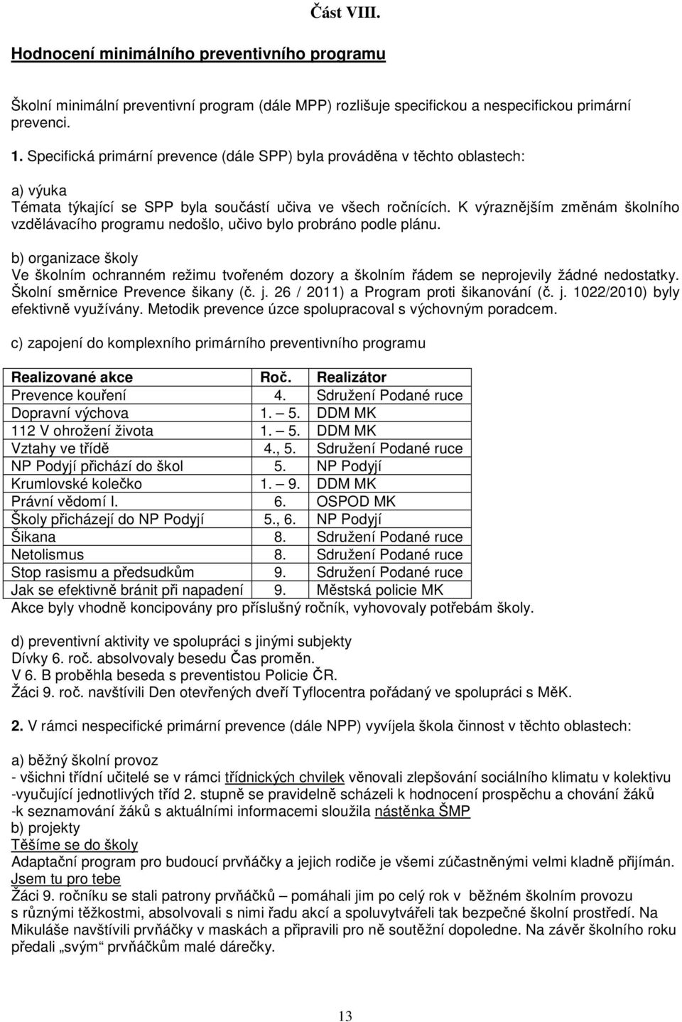 K výraznějším změnám školního vzdělávacího programu došlo, učivo bylo probráno podle plánu. b) organizace školy Ve školním ochranném režimu tvořeném dozory a školním řádem se projevily žádné dostatky.