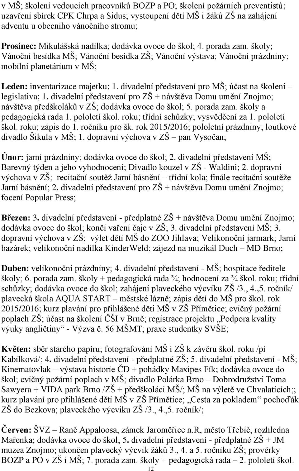 divadelní představení pro MŠ; účast na školení legislativa; 1. divadelní představení pro ZŠ + návštěva Domu umění Znojmo; návštěva předškoláků v ZŠ; dodávka ovoce do škol; 5. porada zam.