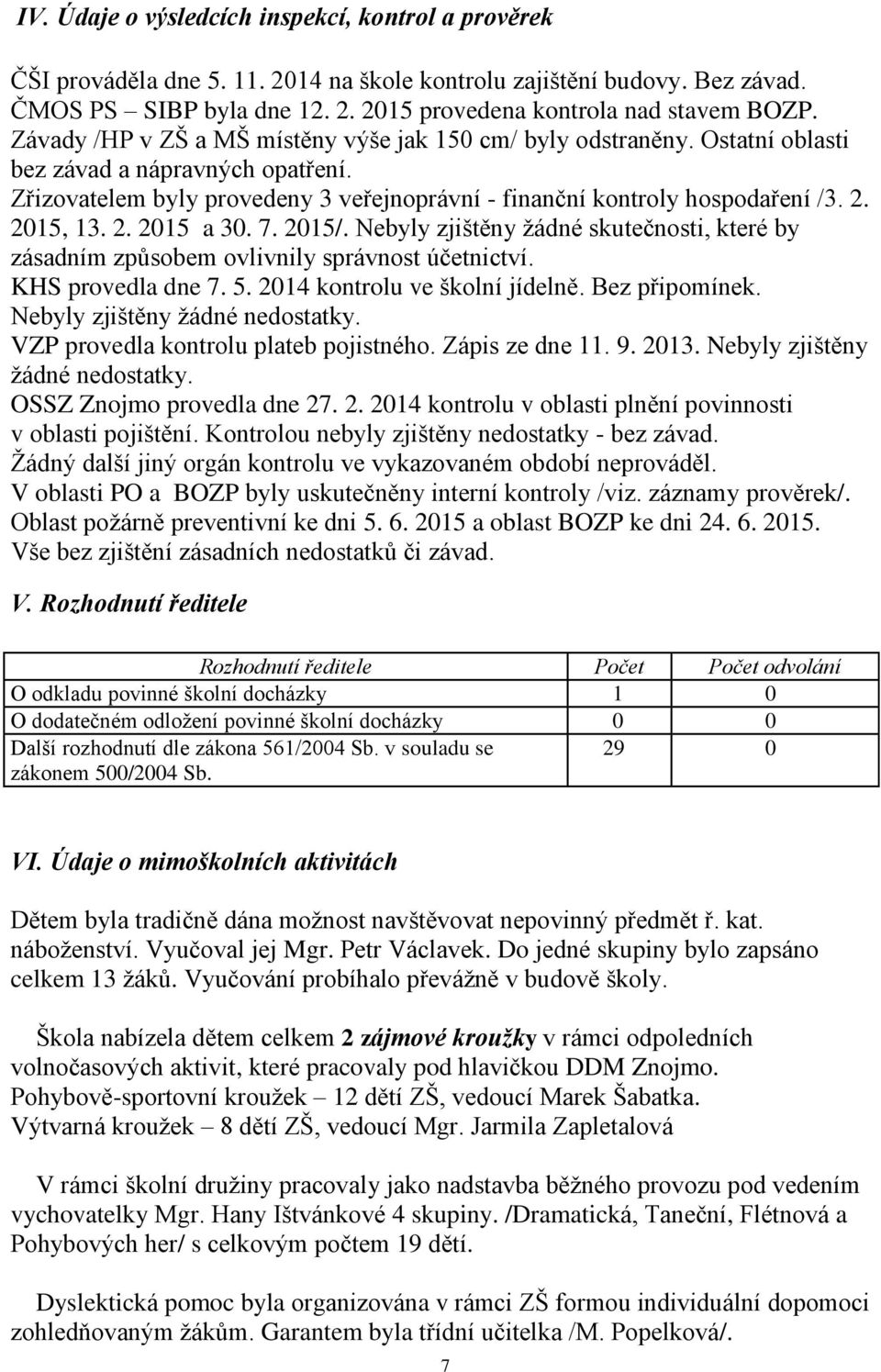 2015, 13. 2. 2015 a 30. 7. 2015/. Nebyly zjištěny žádné skutečnosti, které by zásadním způsobem ovlivnily správnost účetnictví. KHS provedla dne 7. 5. 2014 kontrolu ve školní jídelně. Bez připomínek.