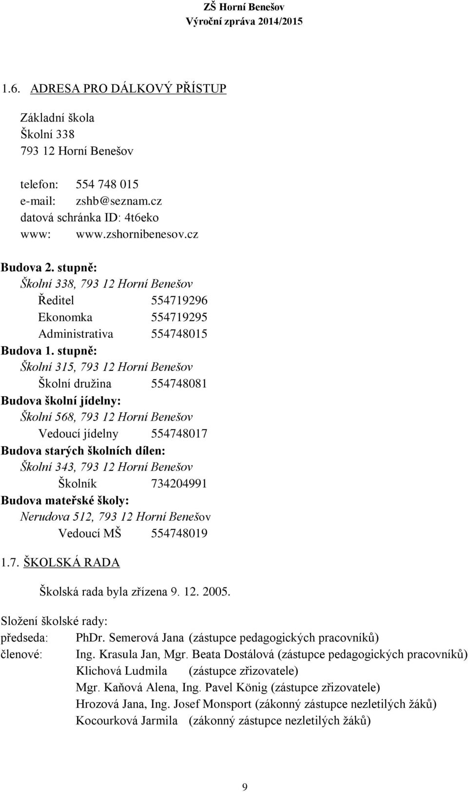 stupně: Školní 315, 793 12 Horní Benešov Školní druţina 554748081 Budova školní jídelny: Školní 568, 793 12 Horní Benešov Vedoucí jídelny 554748017 Budova starých školních dílen: Školní 343, 793 12