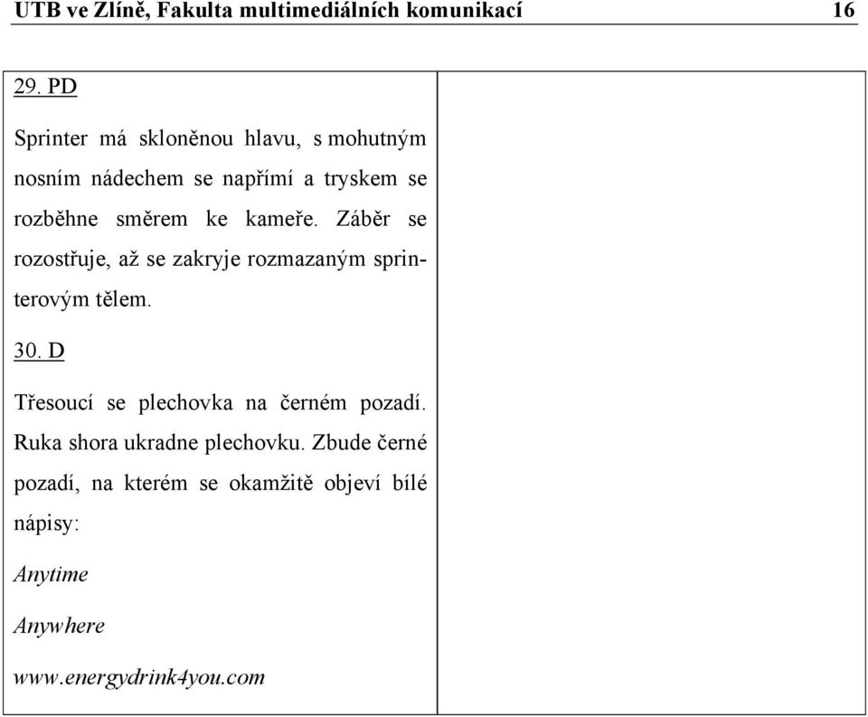 kameře. Záběr se rozostřuje, až se zakryje rozmazaným sprinterovým tělem. 30.