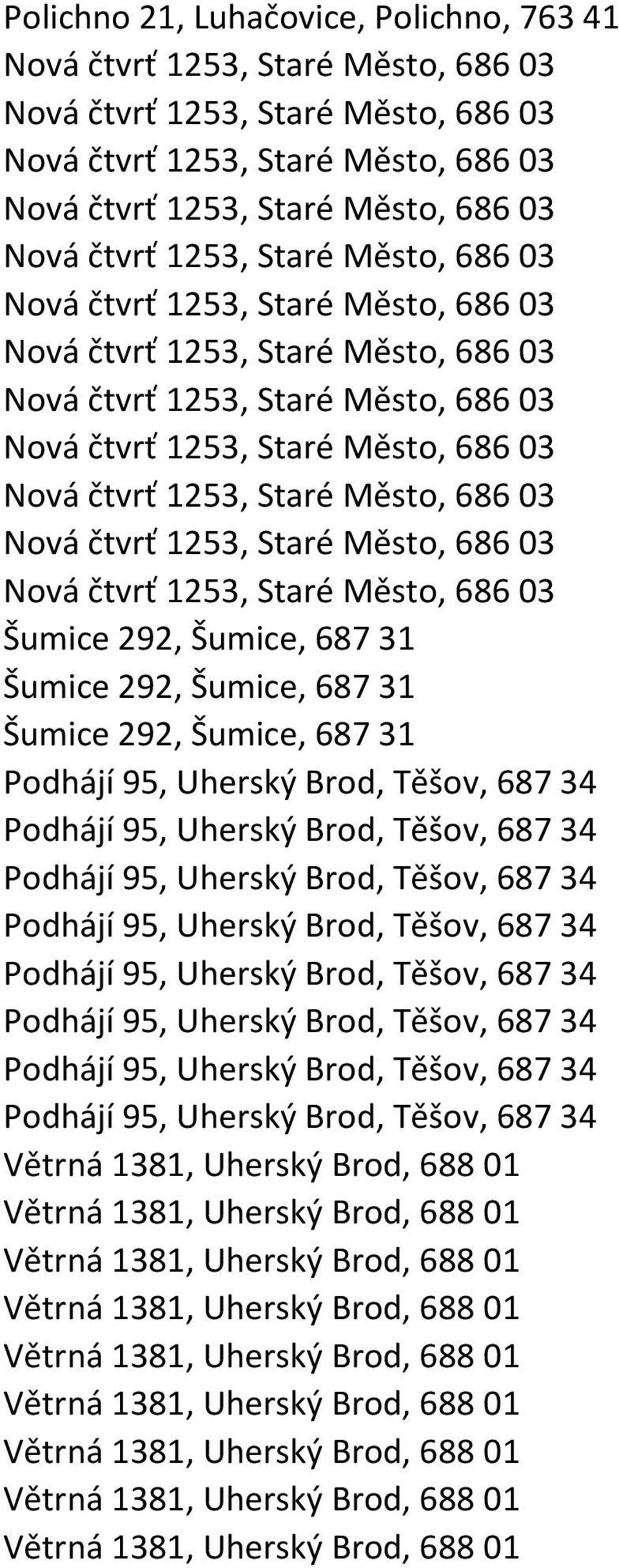 Staré Město, 686 03 Nová čtvrť 1253, Staré Město, 686 03 Nová čtvrť 1253, Staré Město, 686 03 Šumice 292, Šumice, 687 31 Šumice 292, Šumice, 687 31 Šumice 292, Šumice, 687 31 Podhájí 95, Uherský