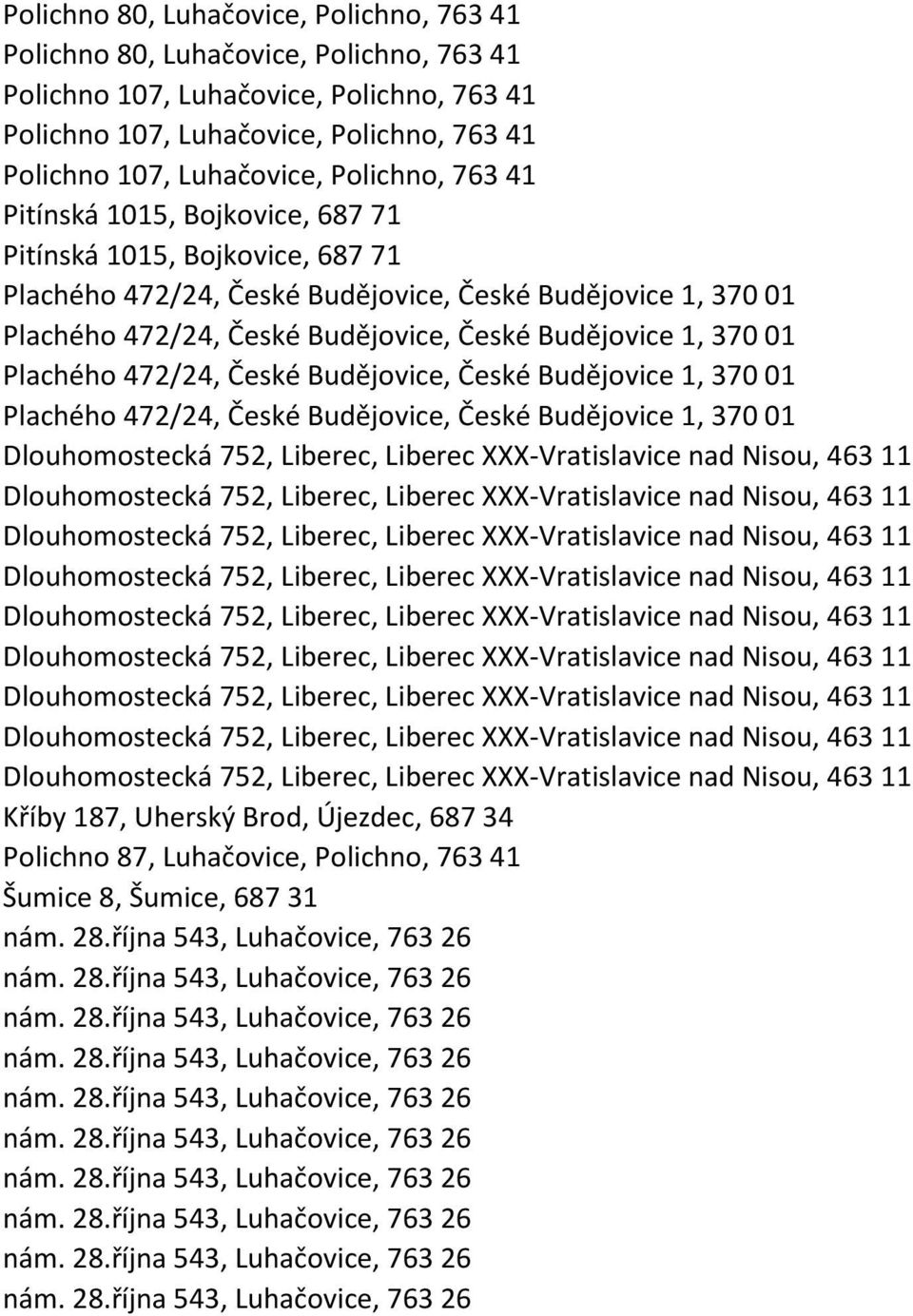 370 01 Plachého 472/24, České Budějovice, České Budějovice 1, 370 01 Plachého 472/24, České Budějovice, České Budějovice 1, 370 01 Dlouhomostecká 752, Liberec, Liberec XXX-Vratislavice nad Nisou, 463