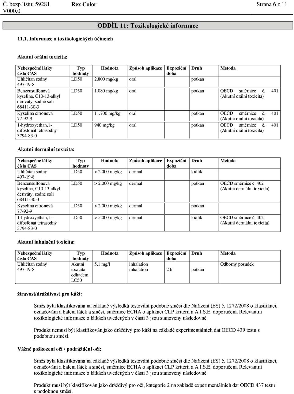 (Akutní orální toxicita) 401 LD50 940 mg/kg oral potkan OECD směrnice č. (Akutní orální toxicita) 401 Akutní dermální toxicita: Typ Hodnota Způsob aplikace Expoziční LD50 > 2.