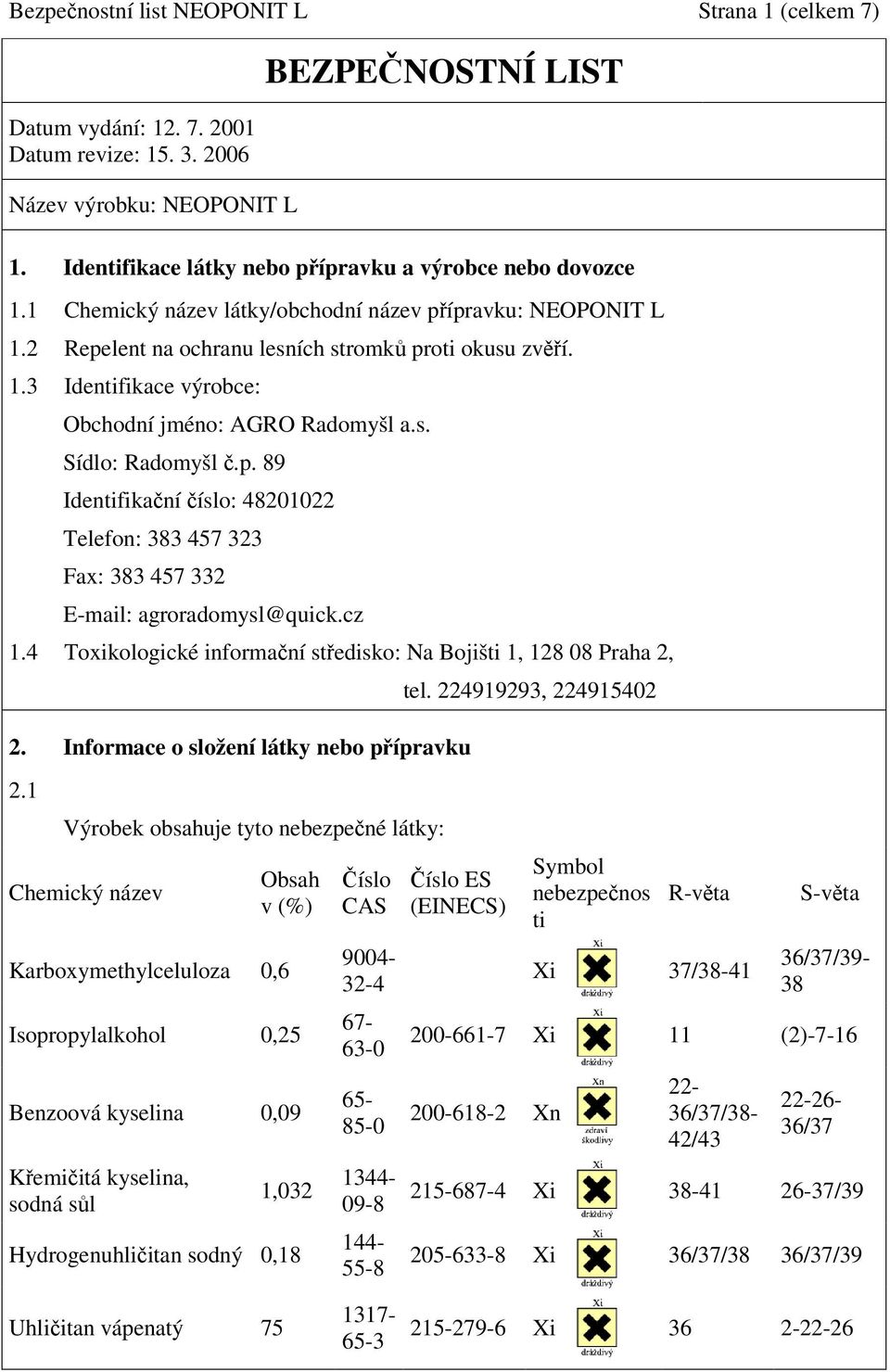 s. Sídlo: Radomyšl.p. 89 Identifikaní íslo: 48201022 Telefon: 383 457 323 Fax: 383 457 332 E-mail: agroradomysl@quick.cz 1.4 Toxikologické informaní stedisko: Na Bojišti 1, 128 08 Praha 2, 2.