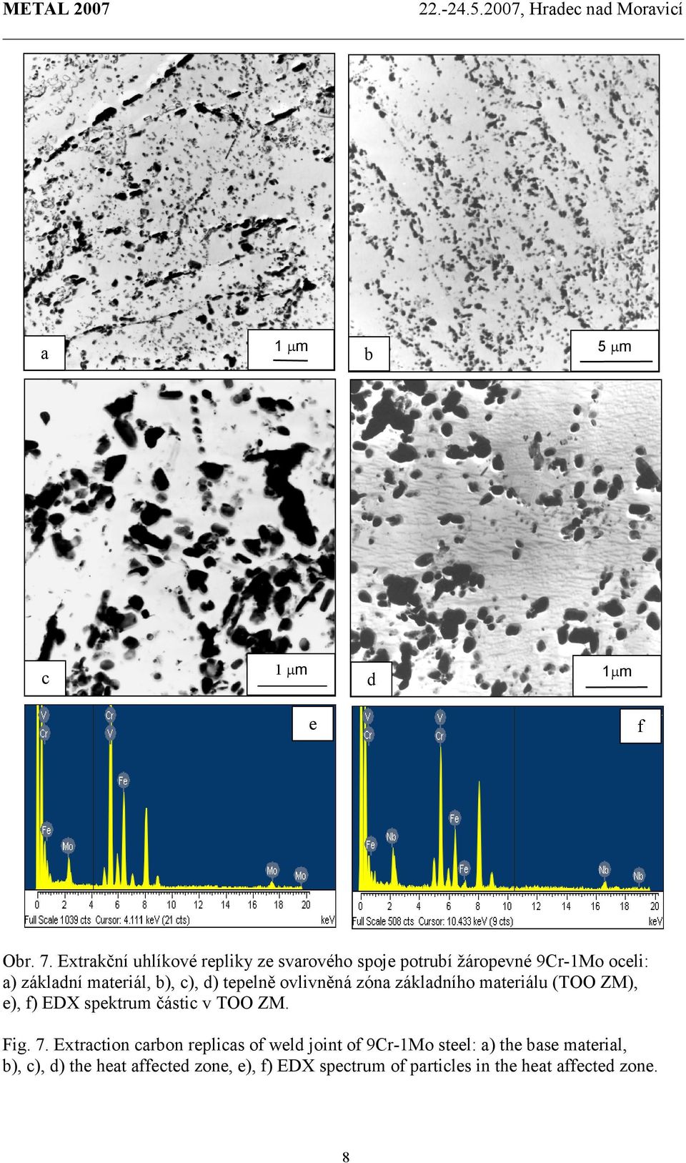 d) tepelně ovlivněná zóna základního materiálu (TOO ZM), e), f) EDX spektrum částic v TOO ZM. Fig. 7.