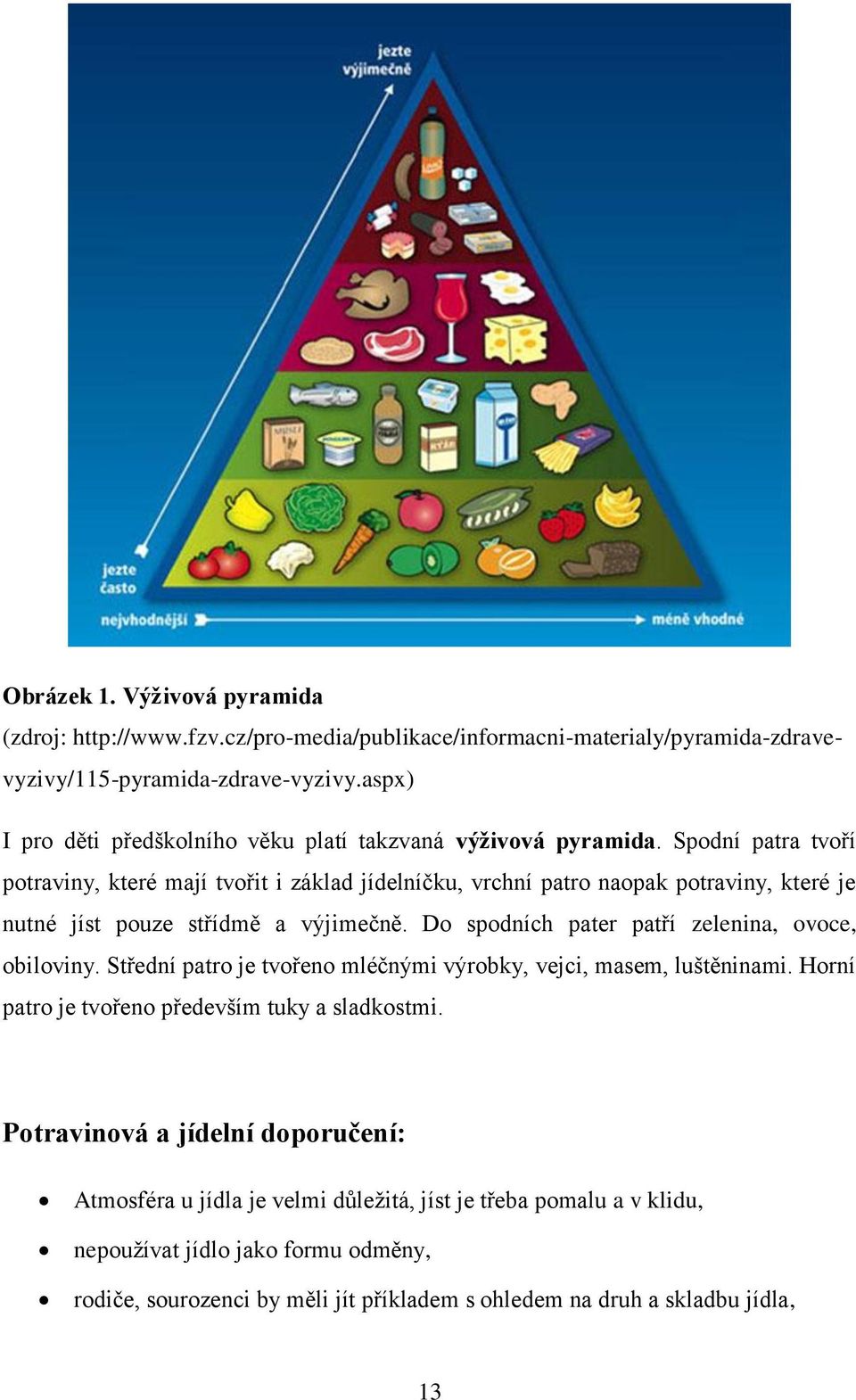 Spodní patra tvoří potraviny, které mají tvořit i základ jídelníčku, vrchní patro naopak potraviny, které je nutné jíst pouze střídmě a výjimečně.