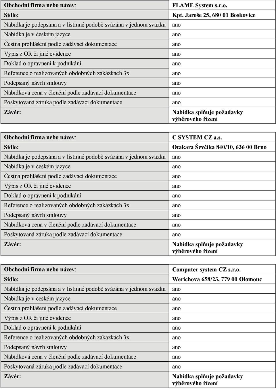 dokumentace Závěr: FLAME System s.r.o. Kpt. Jaroše 25, 680 01 Boskovice Nabídka splňuje požadavky výběrového řízení   dokumentace Závěr: C SYSTEM CZ a.s. Otakara Ševčíka 840/10, 636 00 Brno Nabídka splňuje požadavky výběrového řízení   dokumentace Závěr: Computer system CZ s.