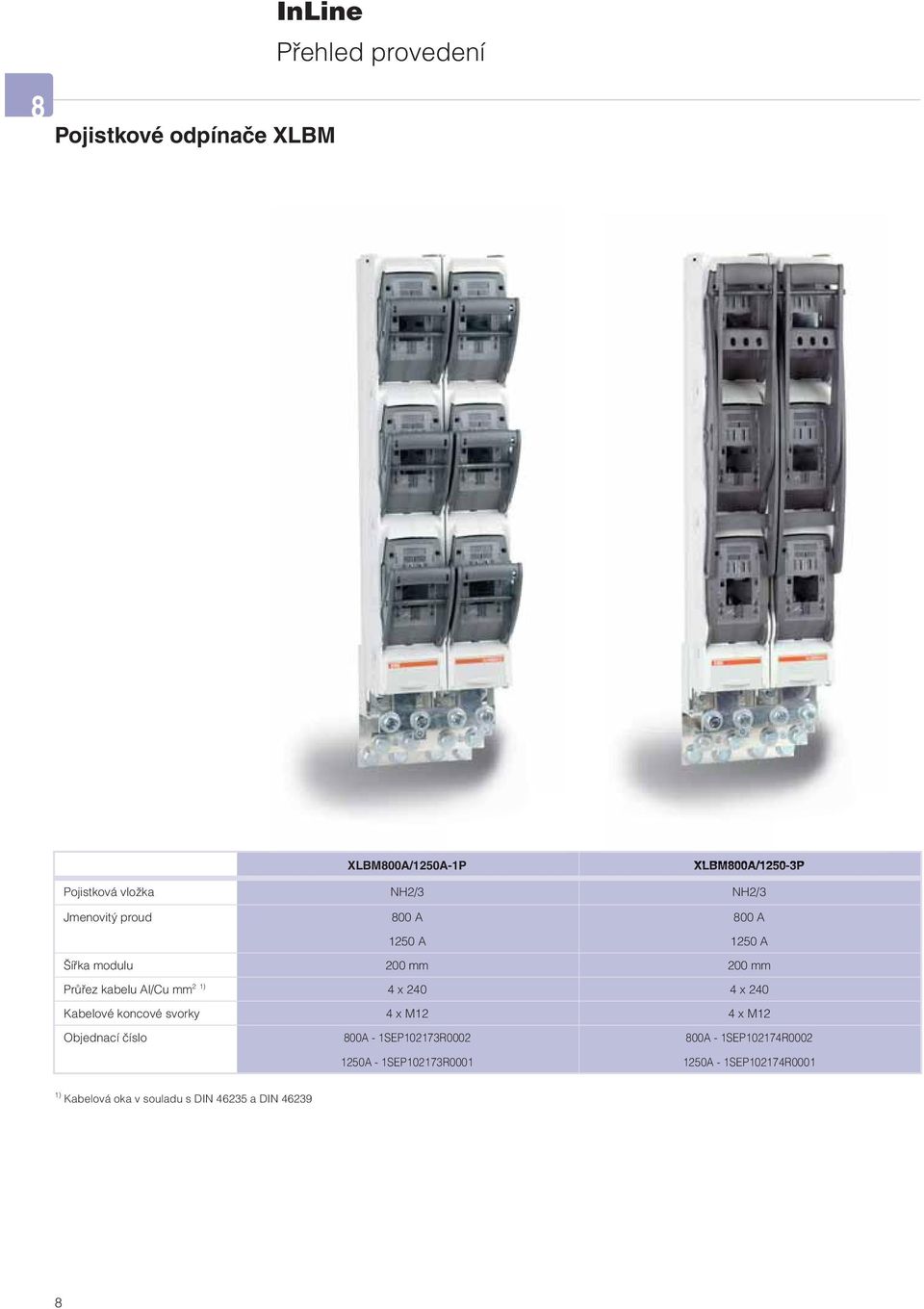 x 240 4 x 240 Kabelové koncové svorky 4 x M12 4 x M12 Objednací číslo 800A - 1SEP102173R0002 800A -