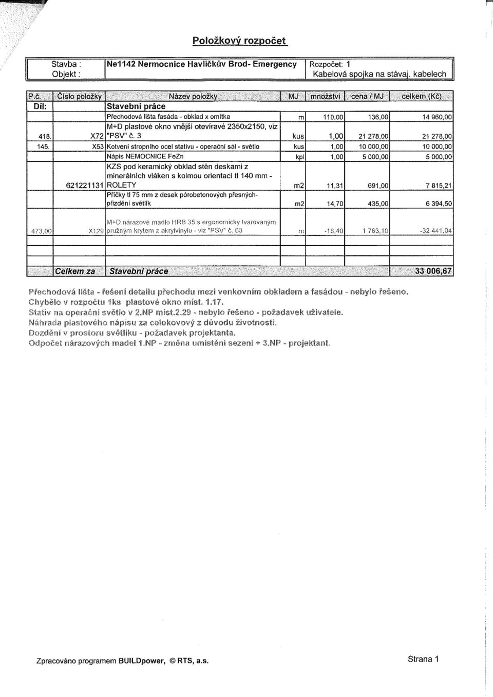 X53 Kotvení stropního ocel stativu - operační sál - světlo kus 1,00 10 000,00 10 000,00 Nápis NEMOCNICE FeZn kpl 1,00 5 000,00 5 000,00 KZS pod keramický obklad stěn deskami z minerálních vláken s