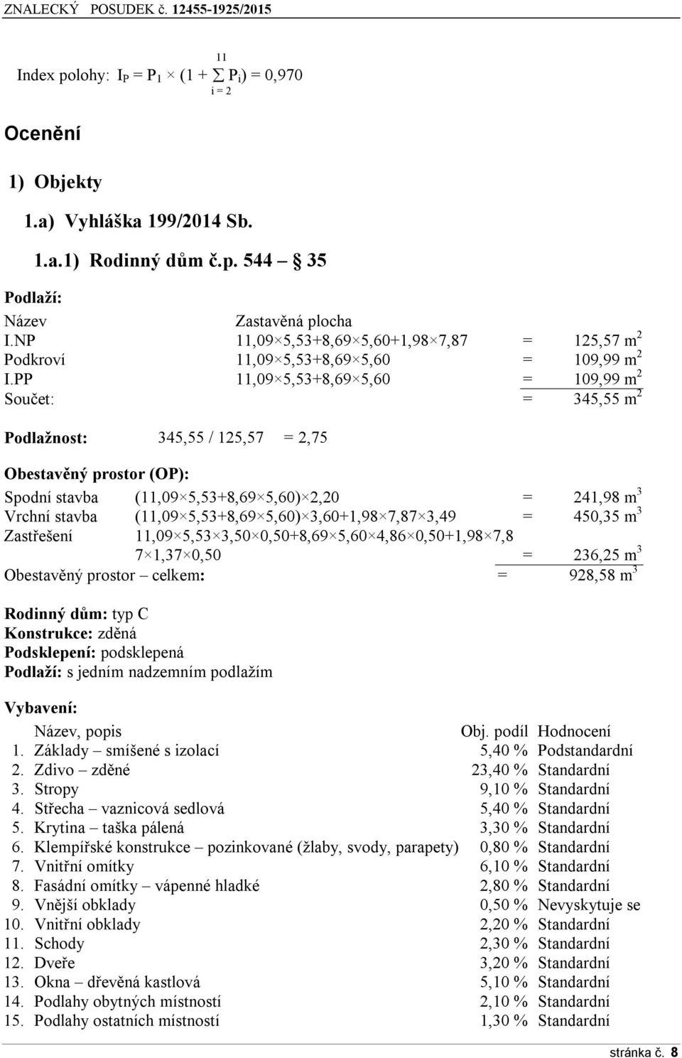 PP 11,09 5,53+8,69 5,60 = 109,99 m 2 Součet: = 345,55 m 2 Podlažnost: 345,55 / 125,57 = 2,75 Obestavěný prostor (OP): Spodní stavba (11,09 5,53+8,69 5,60) 2,20 = 241,98 m 3 Vrchní stavba (11,09