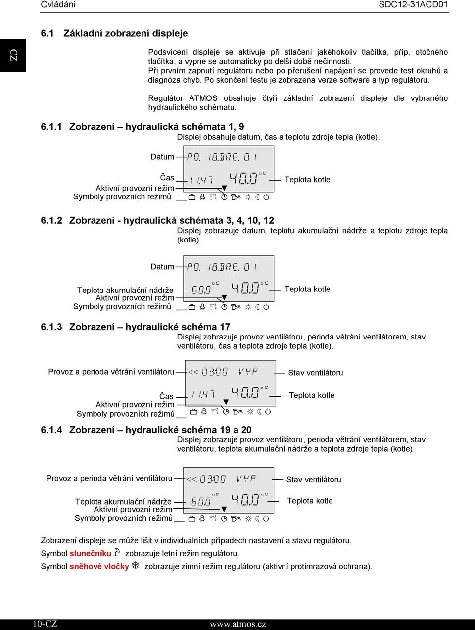 Regulátor ATMOS obsahuje tyi základní zobrazení displeje dle vybraného hydraulického schématu. 6.1.1 Zobrazení hydraulická schémata 1, 9 Displej obsahuje datum, as a teplotu zdroje tepla (kotle).