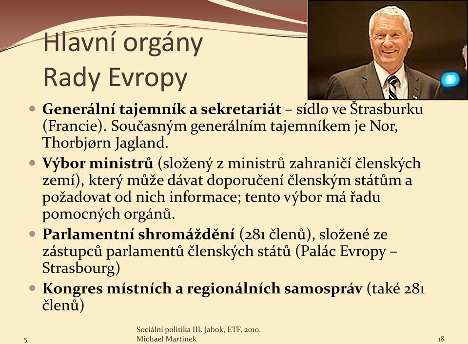 Výbor ministrů (složený z ministrů zahraničí členských zemí), který může dávat doporučení členským státům a požadovat od nich