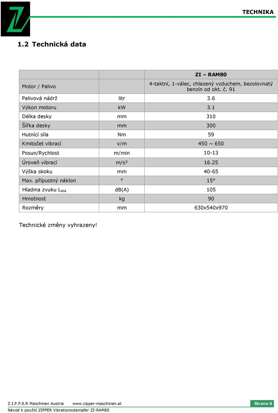 1 Délka desky mm 310 Šířka desky mm 300 Hutnící síla Nm 59 Kmitočet vibrací v/m 450 ~ 650 Posun/Rychlost m/min 10-13 Úroveň