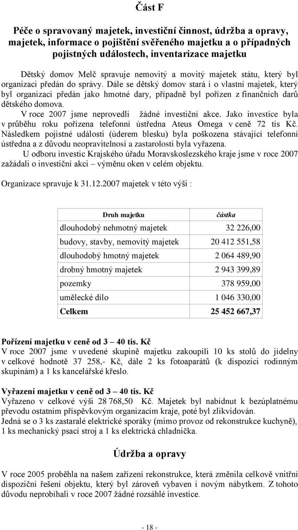 Dále se dětský domov stará i o vlastní majetek, který byl organizaci předán jako hmotné dary, případně byl pořízen z finančních darů dětského domova. V roce 2007 jsme neprovedli ţádné investiční akce.