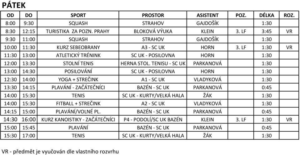 LF 1:30 VR 11:30 13:00 ATLETICKÝ TRÉNINK SC UK - POSILOVNA HORN 1:30 12:00 13:30 STOLNÍ TENIS HERNA STOL.