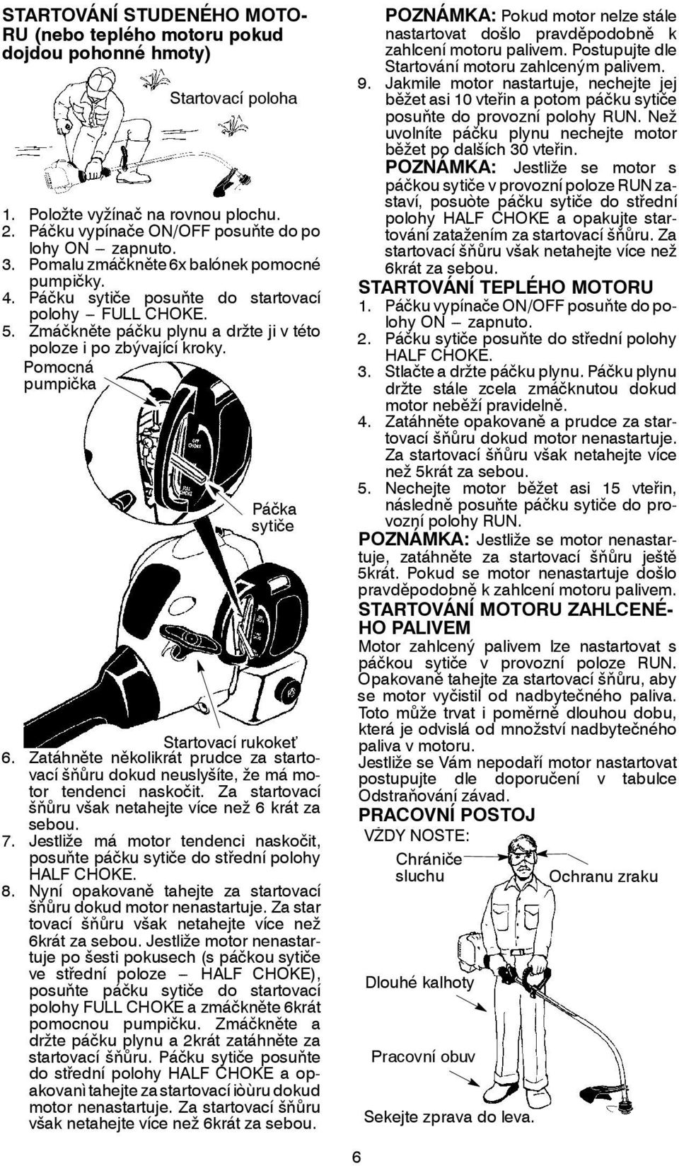 Pomocná pumpička Páčka sytiče Startovací rukokeť 6. Zatáhněte několikrát prudce za startovací šňůru dokud neuslyšíte, že má motor tendenci naskočit.