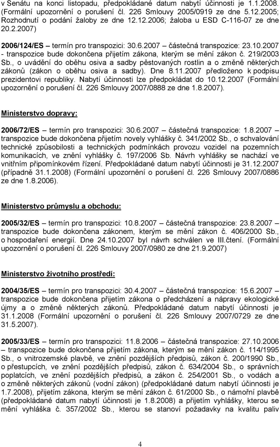 , o uvádění do oběhu osiva a sadby pěstovaných rostlin a o změně některých zákonů (zákon o oběhu osiva a sadby). Dne 8.11.2007 předloženo k podpisu prezidentovi republiky.