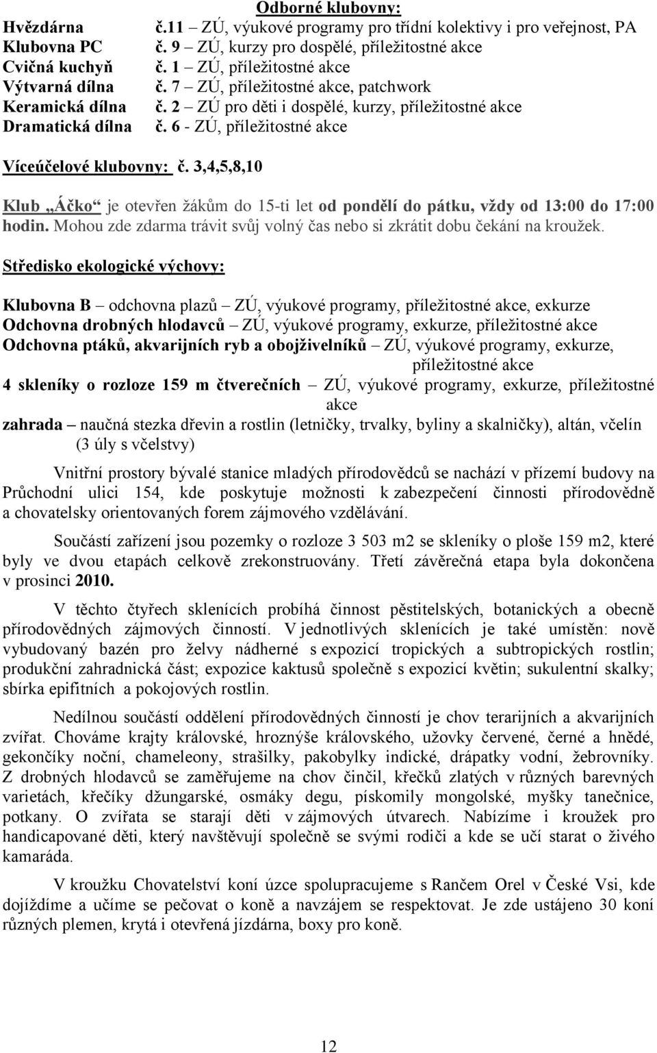 6 - ZÚ, příležitostné akce Víceúčelové klubovny: č. 3,4,5,8,10 Klub Áčko je otevřen žákům do 15-ti let od pondělí do pátku, vždy od 13:00 do 17:00 hodin.