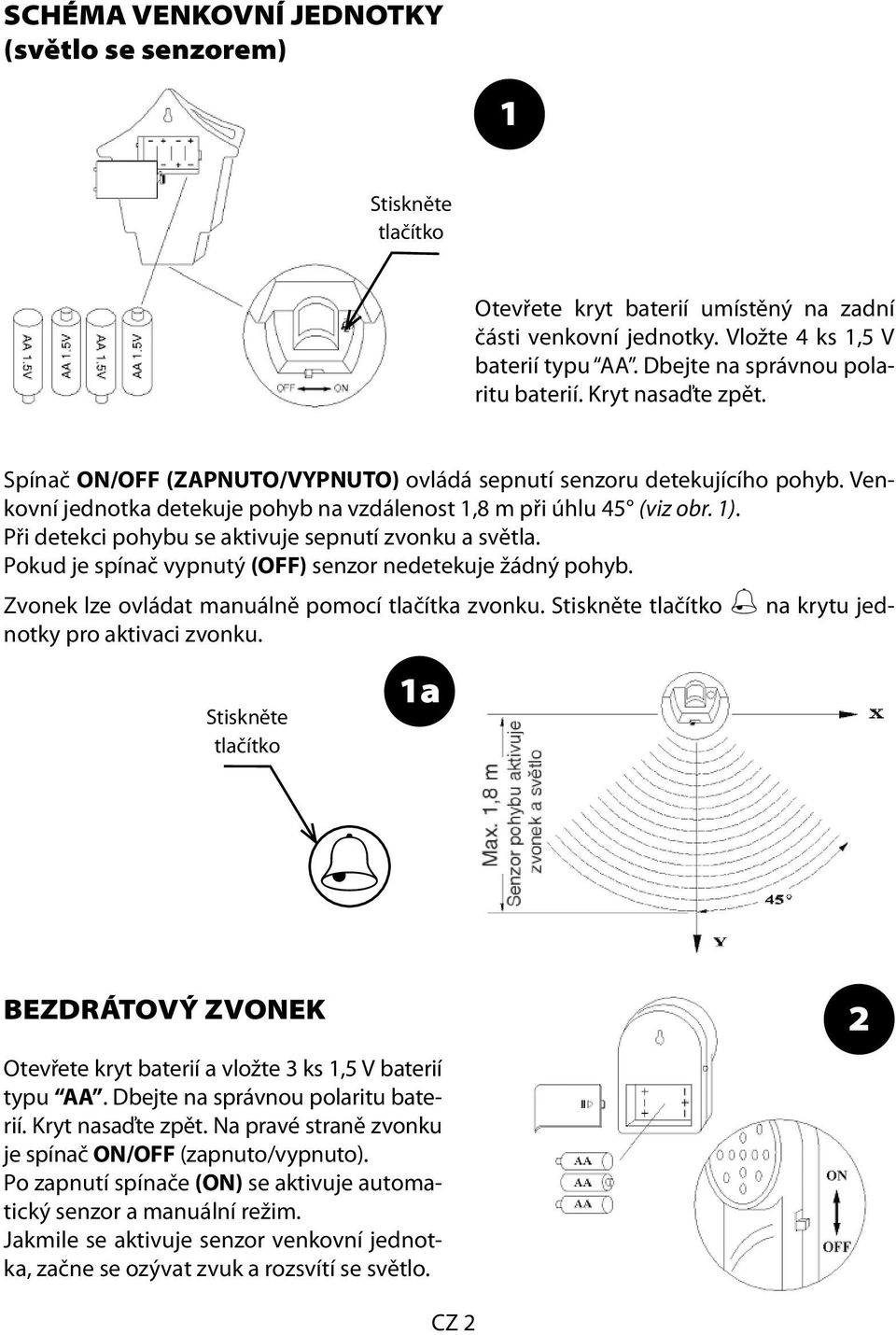 Venkovní jednotka detekuje pohyb na vzdálenost 1,8 m při úhlu 45 (viz obr. 1). Při detekci pohybu se aktivuje sepnutí zvonku a světla. Pokud je spínač vypnutý (OFF) senzor nedetekuje žádný pohyb.