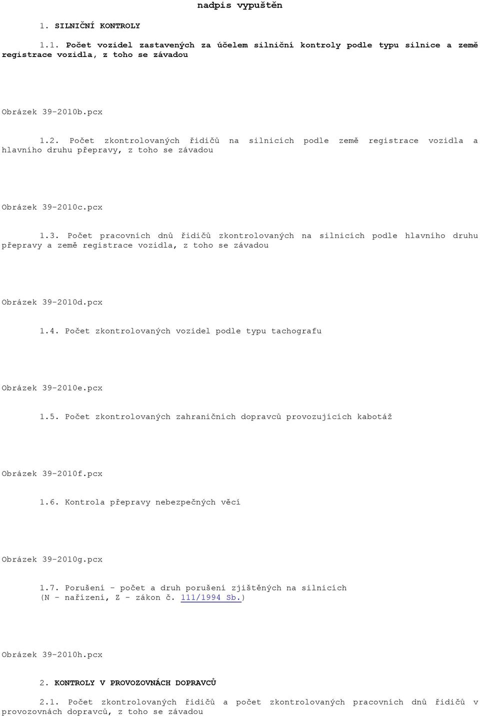 -2010c.pcx 1.3. Počet pracovních dnů řidičů zkontrolovaných na silnicích podle hlavního druhu přepravy a země registrace vozidla, z toho se závadou Obrázek 39-2010d.pcx 1.4.