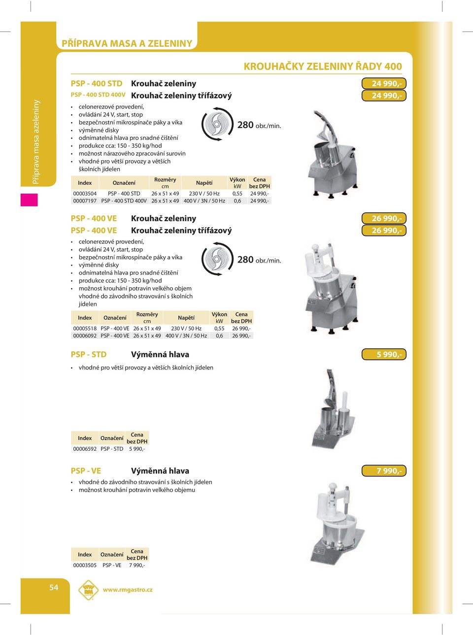00003504 PSP - 400 STD 26 x 51 x 49 230 V / 50 Hz 0,55 24 990,- 00007197 PSP - 400 STD 400V 26 x 51 x 49 400 V / 3N / 50 Hz 0,6 24 990,- PSP - 400 VE Krouhač zeleniny 26 990,- PSP - 400 VE Krouhač