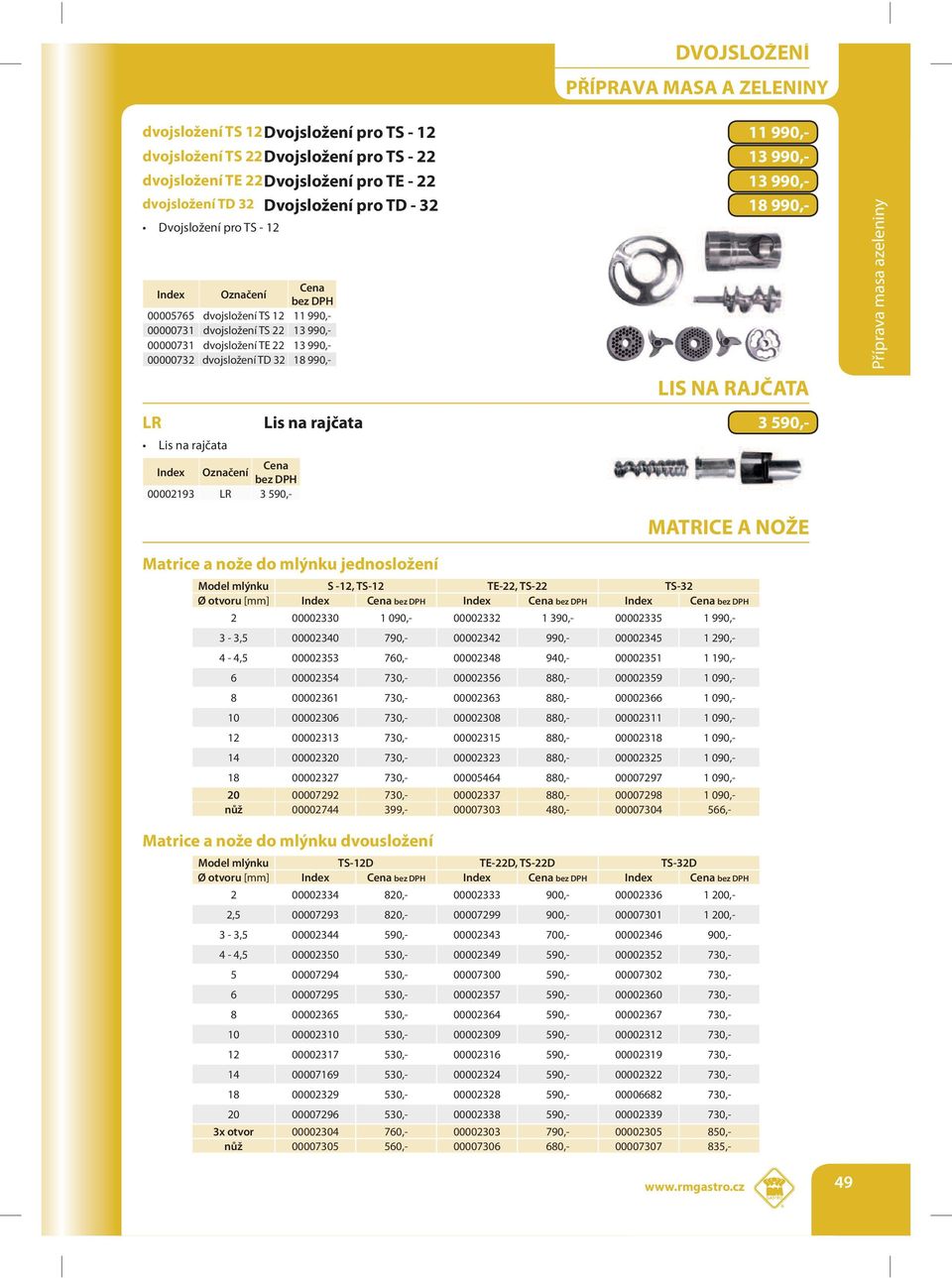 18 990,- LIS NA RAJČATA LR Lis na rajčata 3 590,- Lis na rajčata 00002193 LR 3 590,- Matrice a nože do mlýnku jednosložení MATRICE A NOŽE Model mlýnku S -12, TS-12 TE-22, TS-22 TS-32 Ø otvoru [mm]