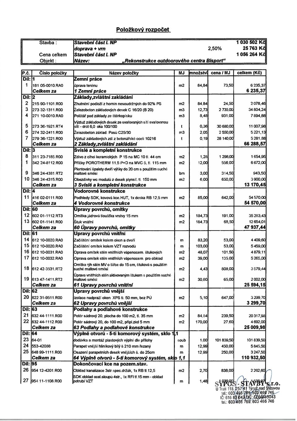 RAO úprava terénu m2 84,84 73,50 6235,37 Celkem za I Zemní práce 6 23 5,37 Díl: 2 Základy,zvláštní zakládání 2 215 90-1101 ROD Zhutněni podloži z hornin nesoudržných do 92% PS m2 84,84 24,50 2 078,46