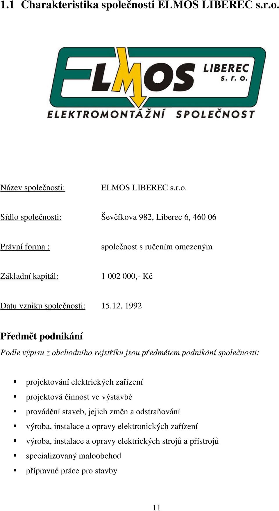 omezeným Základní kapitál: 1 002 000,- Kč Datu vzniku společnosti: 15.12.