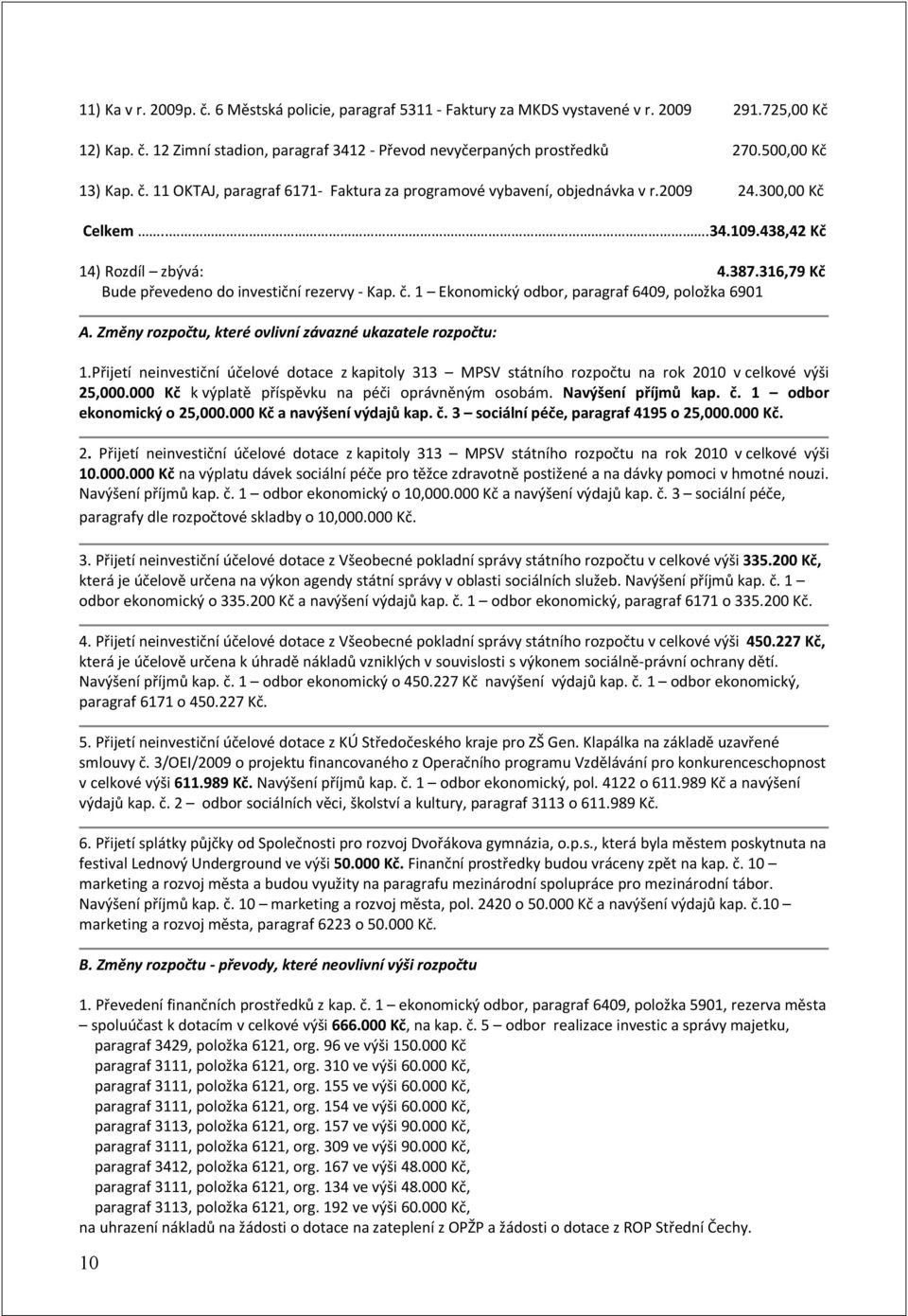 316,79 Kč Bude převedeno do investiční rezervy - Kap. č. 1 Ekonomický odbor, paragraf 6409, položka 6901 A. Změny rozpočtu, které ovlivní závazné ukazatele rozpočtu: 1.