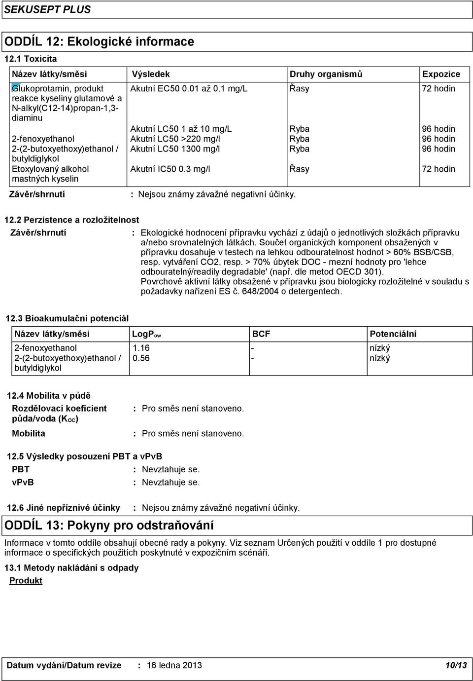 2-(2-butoxyethoxy)ethanol / Akutní LC50 1300 mg/l Ryba 96 hodin butyldiglykol Etoxylovaný alkohol mastných kyselin Akutní IC50 0.3 mg/l Řasy 72 hodin Výsledek Nejsou známy závažné negativní účinky.