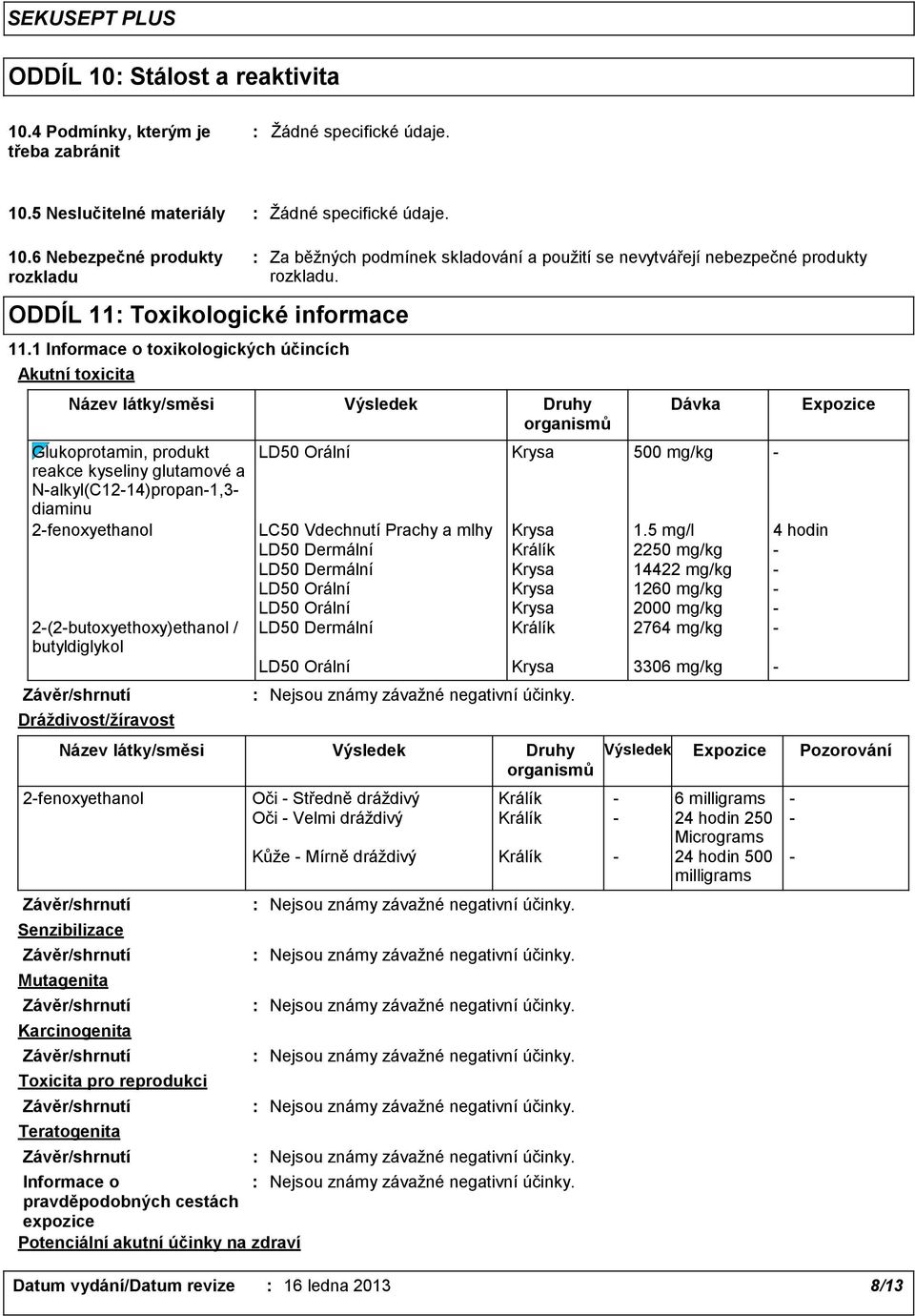 Název látky/směsi Výsledek Druhy organismů Glukoprotamin, produkt LD50 Orální Krysa 500 mg/kg - reakce kyseliny glutamové a N-alkyl(C12-14)propan-1,3- diaminu 2-fenoxyethanol LC50 Vdechnutí Prachy a