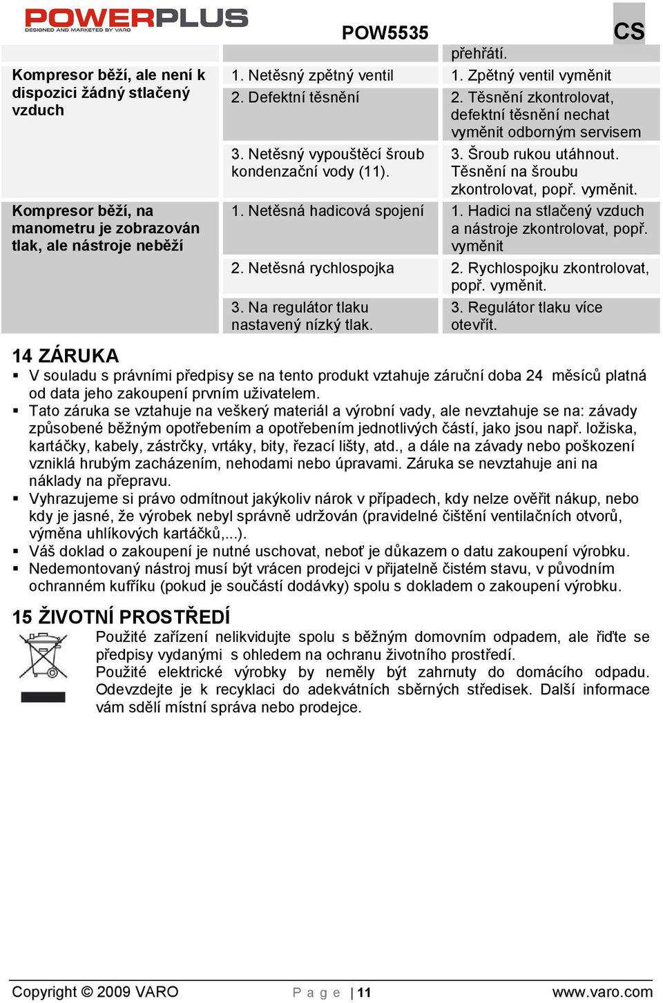 Těsnění na šroubu zkontrolovat, popř. vyměnit. 1. Netěsná hadicová spojení 1. Hadici na stlačený vzduch a nástroje zkontrolovat, popř. vyměnit 2. Netěsná rychlospojka 2.