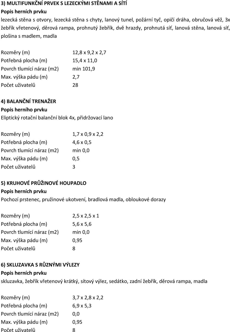 výška pádu (m) 2,7 8 4) BALANČNÍ TRENAŽER Popis herního prvku Eliptický rotační balanční blok 4x, přidržovací lano Rozměry (m) 1,7 x 0,9 x 2,2 Potřebná plocha (m) 4,6 x 0,5 Povrch tlumící náraz (m2)