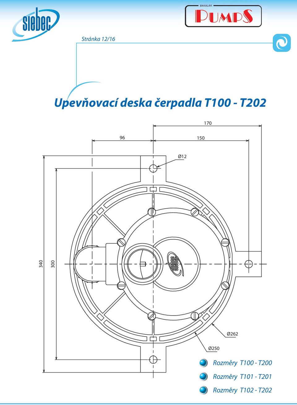 340 300 Ø262 Ø250 Rozměry T100 -