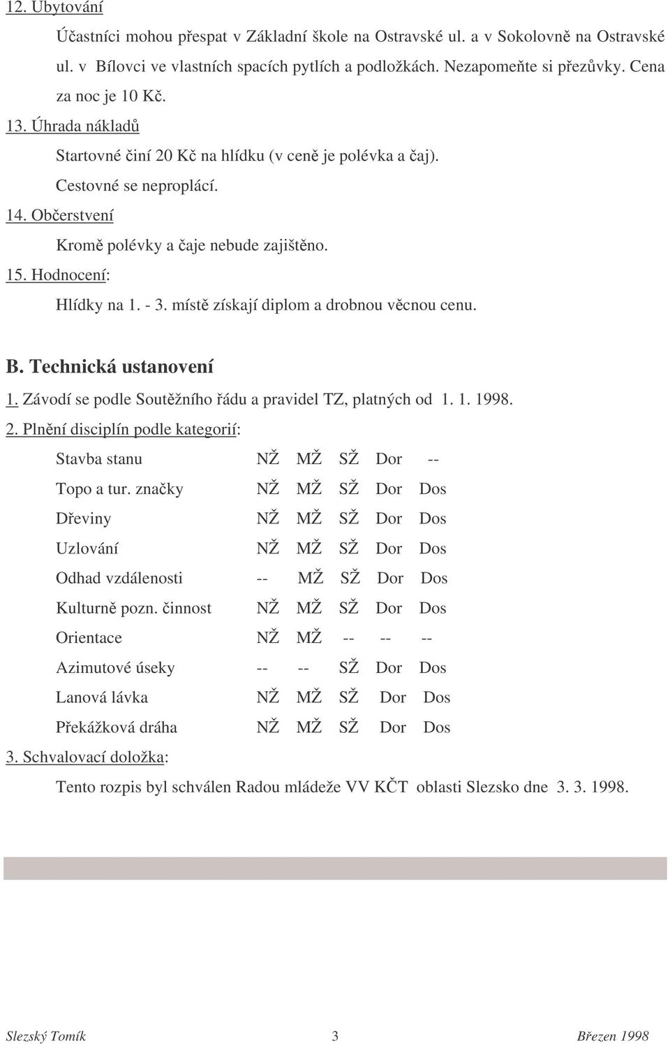 míst získají diplom a drobnou vcnou cenu. B. Technická ustanovení 1. Závodí se podle Soutžního ádu a pravidel TZ, platných od 1. 1. 1998. 2.