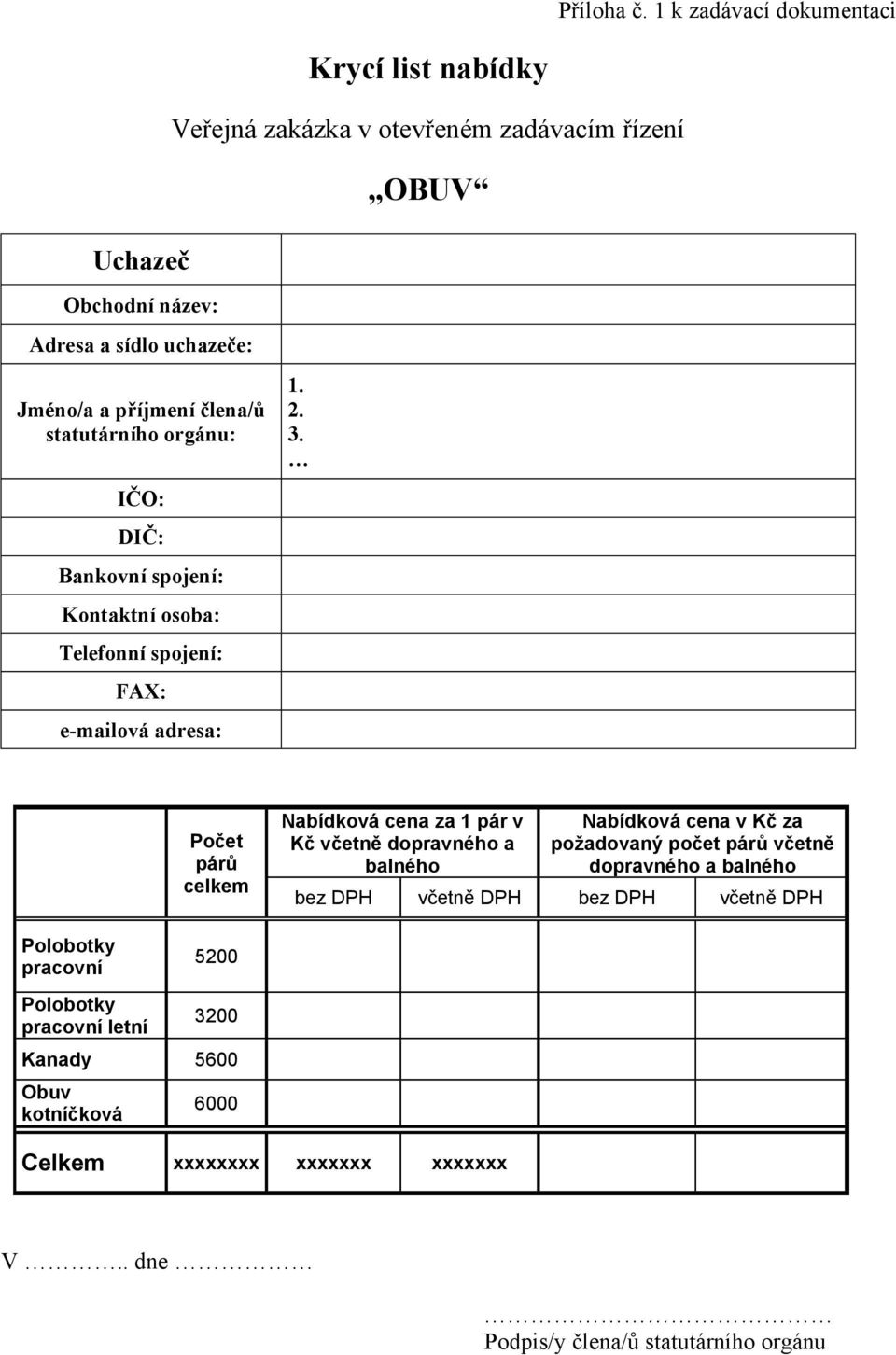 člena/ů statutárního orgánu: IČO: DIČ: Bankovní spojení: Kontaktní osoba: Telefonní spojení: FAX: e-mailová adresa: 1. 2. 3.