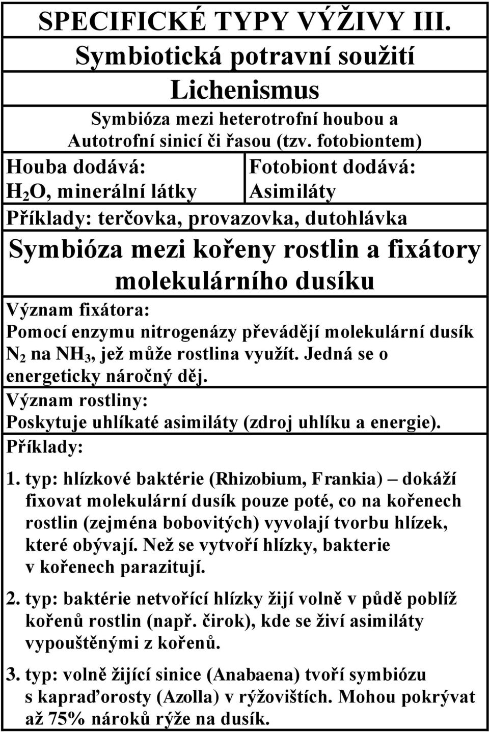 enzymu nitrogenázy převádějí molekulární dusík N 2 na NH 3, jež může rostlina využít. Jedná se o energeticky náročný děj. Význam rostliny: Poskytuje uhlíkaté asimiláty (zdroj uhlíku a energie). 1.