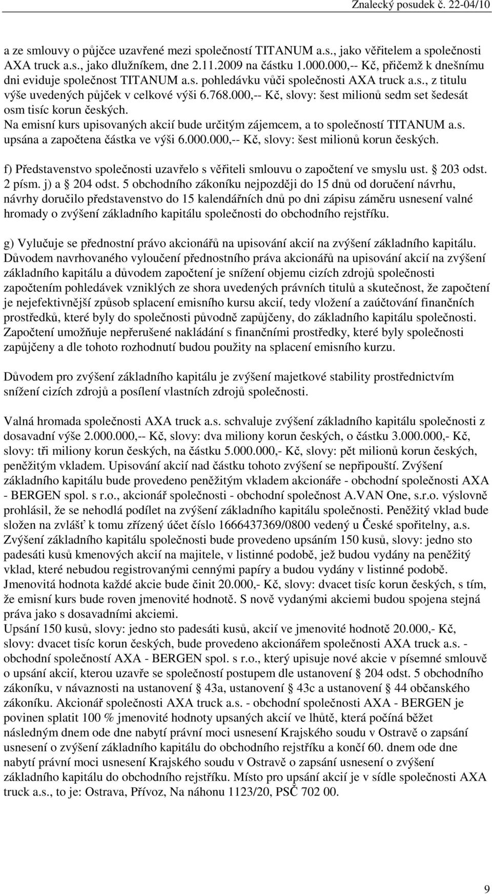 000,-- Kč, slovy: šest milionů sedm set šedesát osm tisíc korun českých. Na emisní kurs upisovaných akcií bude určitým zájemcem, a to společností TITANUM a.s. upsána a započtena částka ve výši 6.000.000,-- Kč, slovy: šest milionů korun českých.