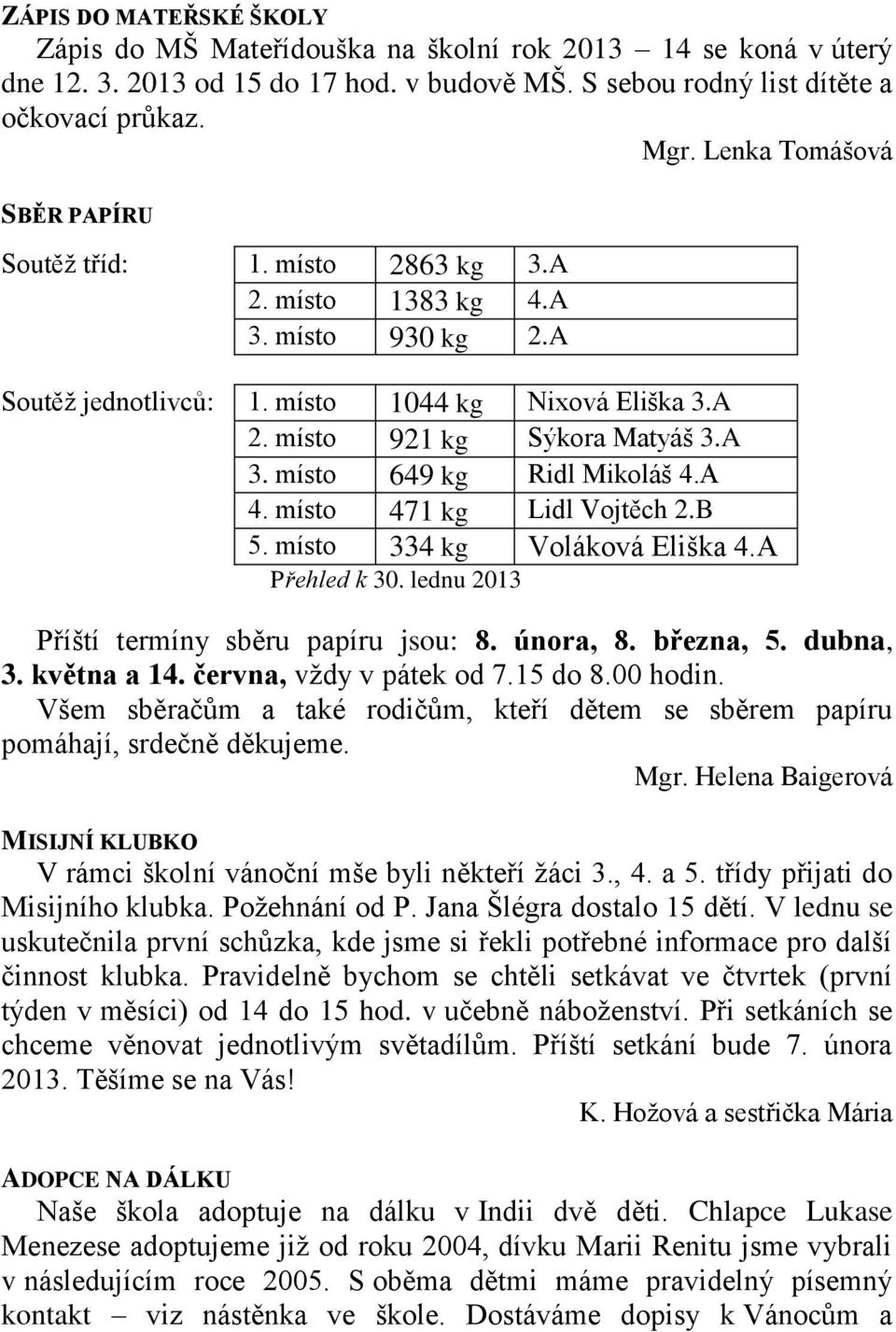 A 4. místo 471 kg Lidl Vojtěch 2.B 5. místo 334 kg Voláková Eliška 4.A Přehled k 30. lednu 2013 Příští termíny sběru papíru jsou: 8. února, 8. března, 5. dubna, 3. května a 14.