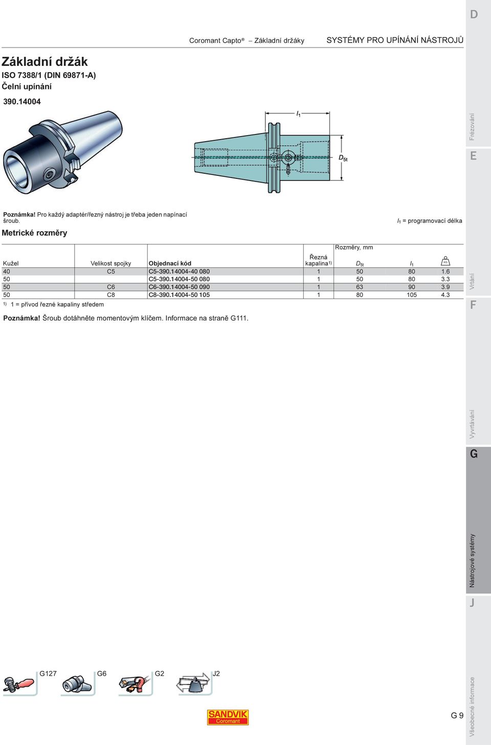 Metrické rozměry l1 = programovací délka Rozměry, mm Kužel Velikost spojky Objednací kód Řezná kapalina 1) D5t l1 U 40 C5 C5-390.14004-40 080 1 50 80 1.