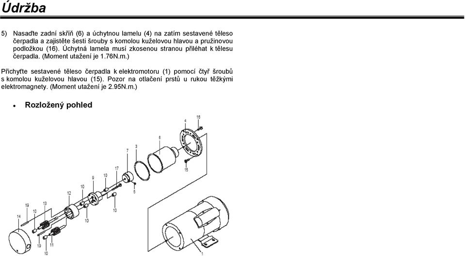 (Moment utažení je 1.76N.m.) Přichyťte sestavené těleso čerpadla k elektromotoru (1) pomocí čtyř šroubů s komolou kuželovou hlavou (15).