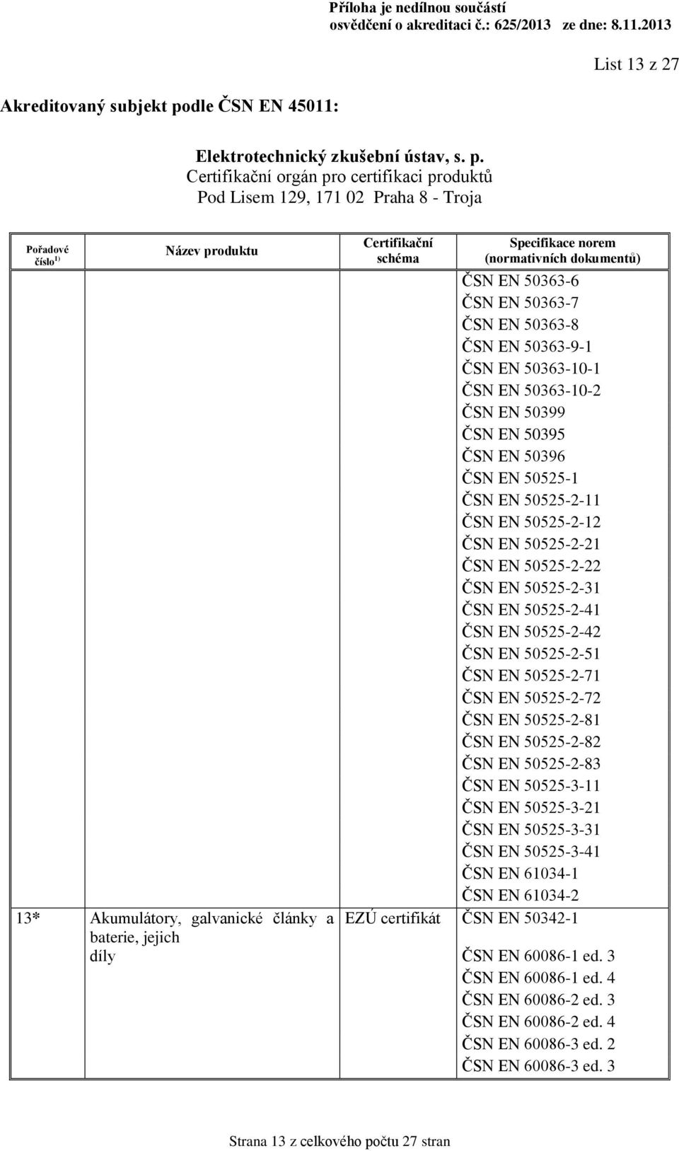 50525-2-81 ČSN EN 50525-2-82 ČSN EN 50525-2-83 ČSN EN 50525-3-11 ČSN EN 50525-3-21 ČSN EN 50525-3-31 ČSN EN 50525-3-41 ČSN EN 61034-1 ČSN EN 61034-2 13* Akumulátory, galvanické články a EZÚ