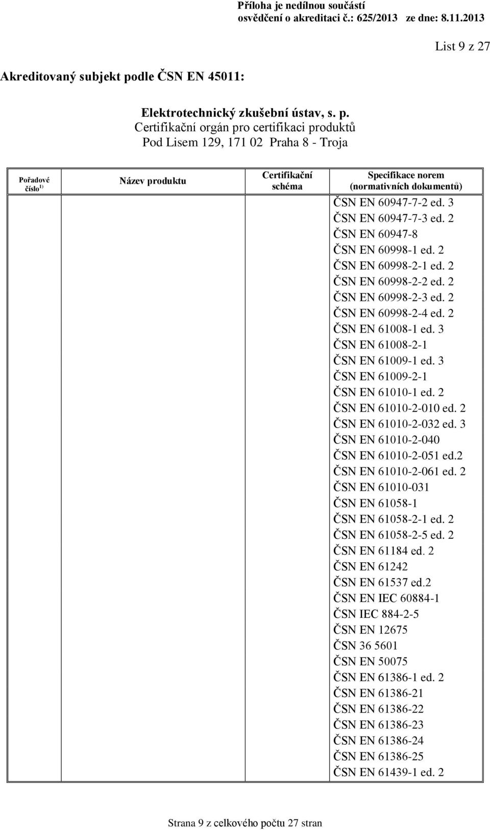 3 ČSN EN 61010-2-040 ČSN EN 61010-2-051 ed.2 ČSN EN 61010-2-061 ed. 2 ČSN EN 61010-031 ČSN EN 61058-1 ČSN EN 61058-2-1 ed. 2 ČSN EN 61058-2-5 ed. 2 ČSN EN 61184 ed. 2 ČSN EN 61242 ČSN EN 61537 ed.