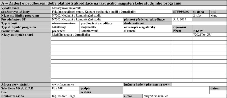 Původní název SP N7202 Mediální a komunikační studia platnost předchozí akreditace 5.