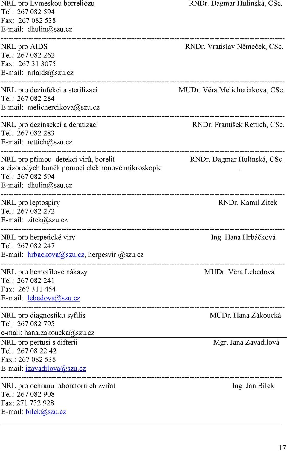 cz NRL pro přímou detekci virů, borelií RNDr. Dagmar Hulínská, CSc. a cizorodých buněk pomocí elektronové mikroskopie. Tel.: 267 082 594 E-mail: dhulin@szu.cz NRL pro leptospiry RNDr. Kamil Zitek Tel.