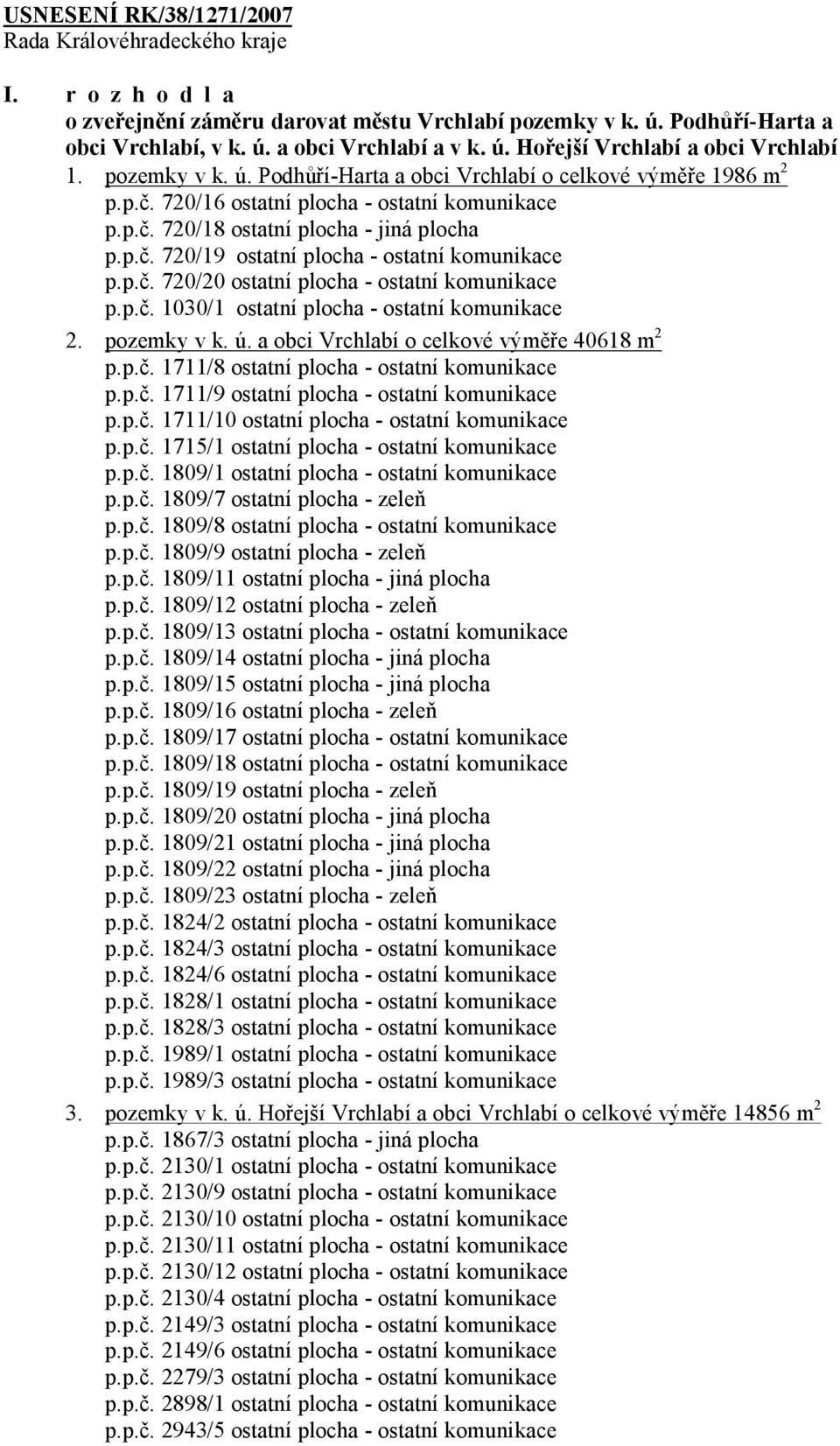 p.č. 720/20 ostatní plocha - ostatní komunikace p.p.č. 1030/1 ostatní plocha - ostatní komunikace 2. pozemky v k. ú. a obci Vrchlabí o celkové výměře 40618 m 2 p.p.č. 1711/8 ostatní plocha - ostatní komunikace p.