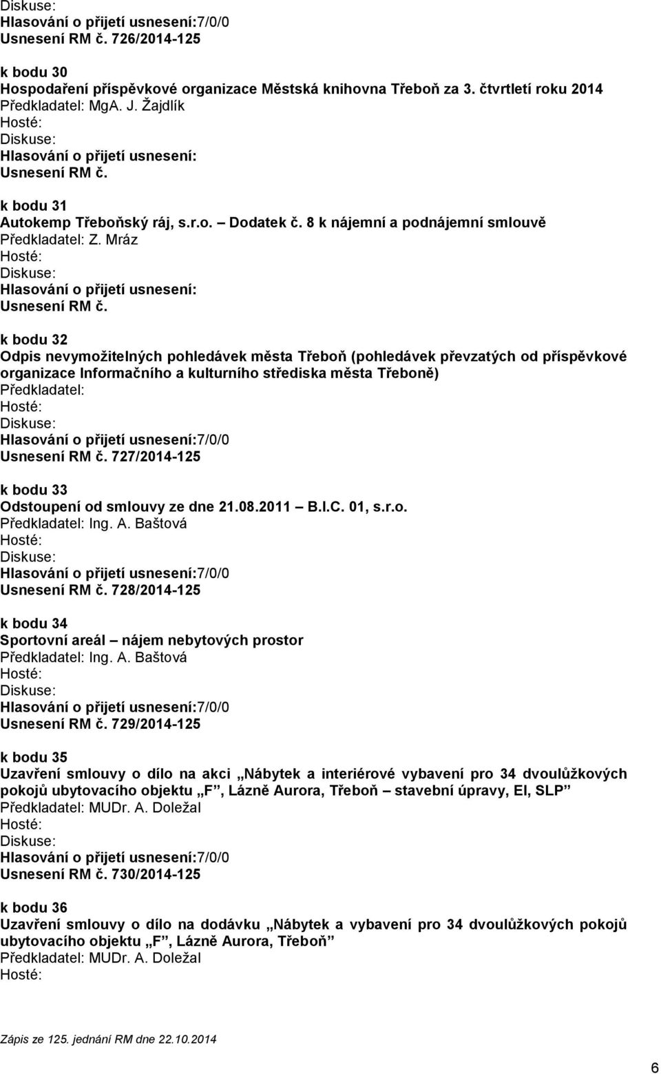 Mráz k bodu 32 Odpis nevymožitelných pohledávek města Třeboň (pohledávek převzatých od příspěvkové organizace Informačního a kulturního střediska města Třeboně) Předkladatel: 727/2014-125 k bodu 33